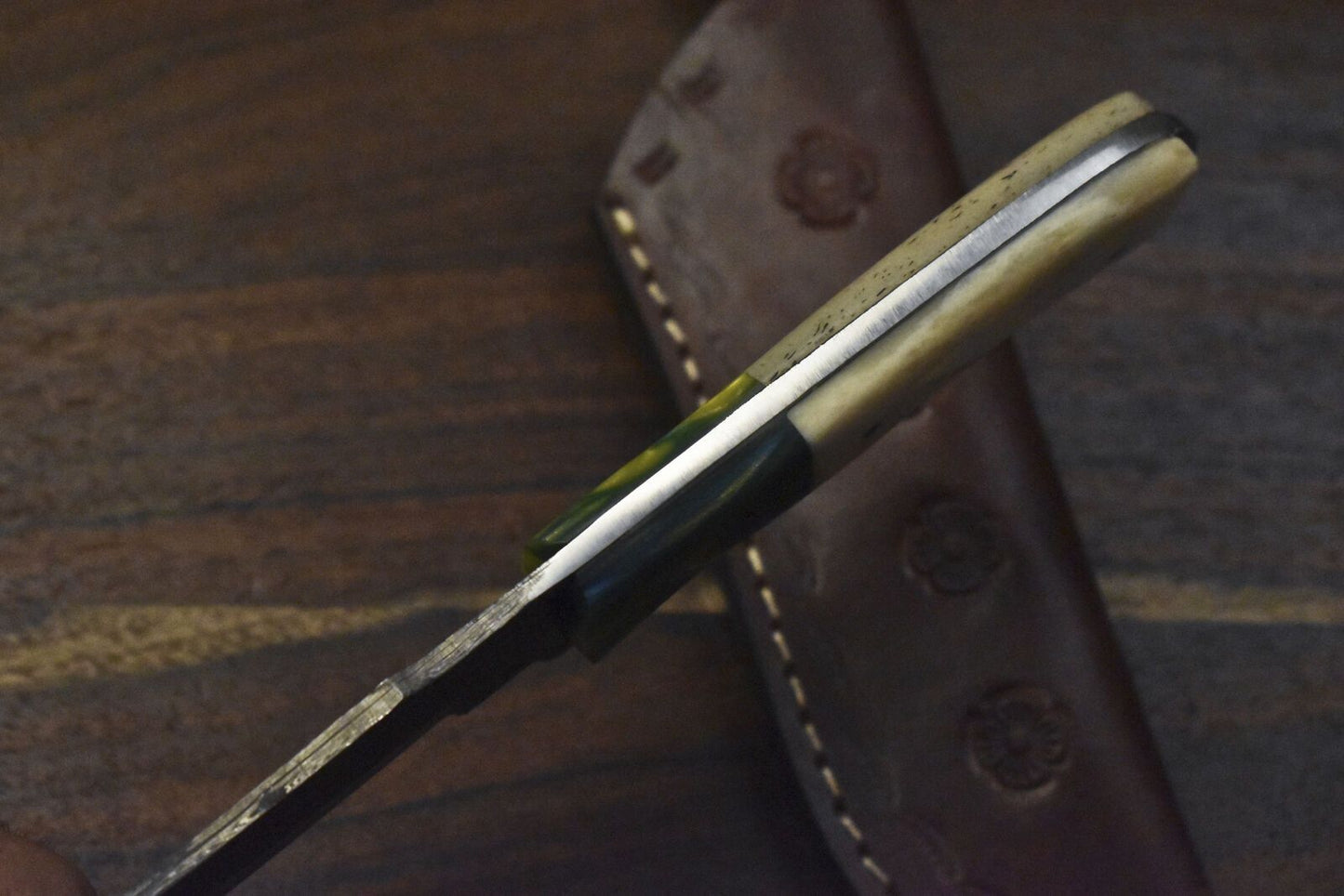 Custom Hand Forged Twist Damascus Skinner Knife with Gut Hook and Bone Handle – 9" Fixed Blade EDC