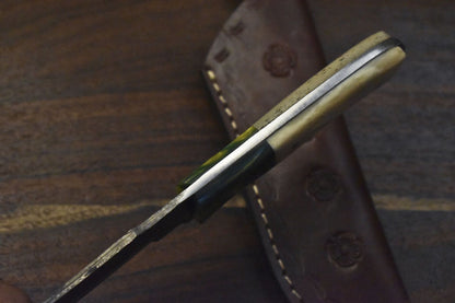 Custom Hand Forged Twist Damascus Skinner Knife with Gut Hook and Bone Handle – 9" Fixed Blade EDC