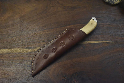 Custom Hand Forged Twist Damascus Skinner Knife with Gut Hook and Bone Handle – 9" Fixed Blade EDC