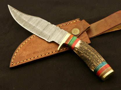 9.25" Damascus Bowie Knife with Stag & Pakka Wood Handle – Full Tang Blade