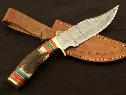 9.25" Damascus Bowie Knife with Stag & Pakka Wood Handle – Full Tang Blade