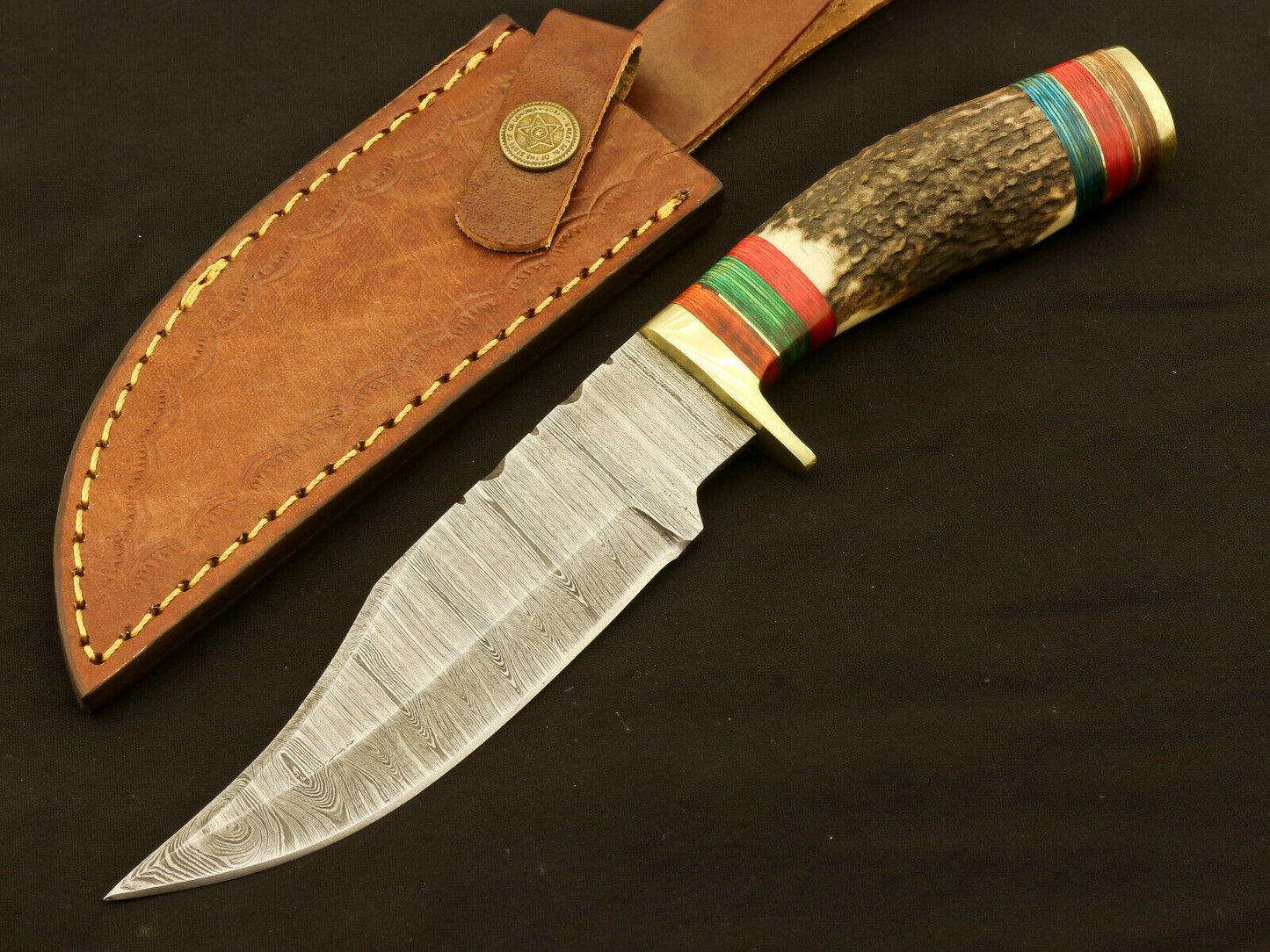 9.25" Damascus Bowie Knife with Stag & Pakka Wood Handle – Full Tang Blade