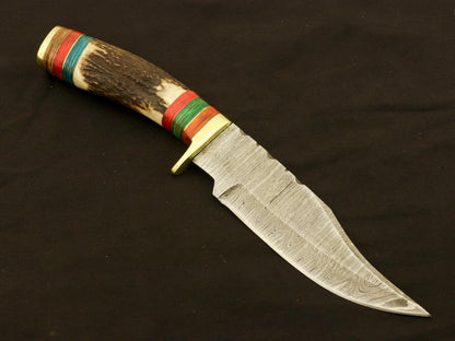 9.25" Damascus Bowie Knife with Stag & Pakka Wood Handle – Full Tang Blade