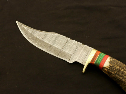 9.25" Damascus Bowie Knife with Stag & Pakka Wood Handle – Full Tang Blade