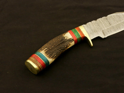 9.25" Damascus Bowie Knife with Stag & Pakka Wood Handle – Full Tang Blade