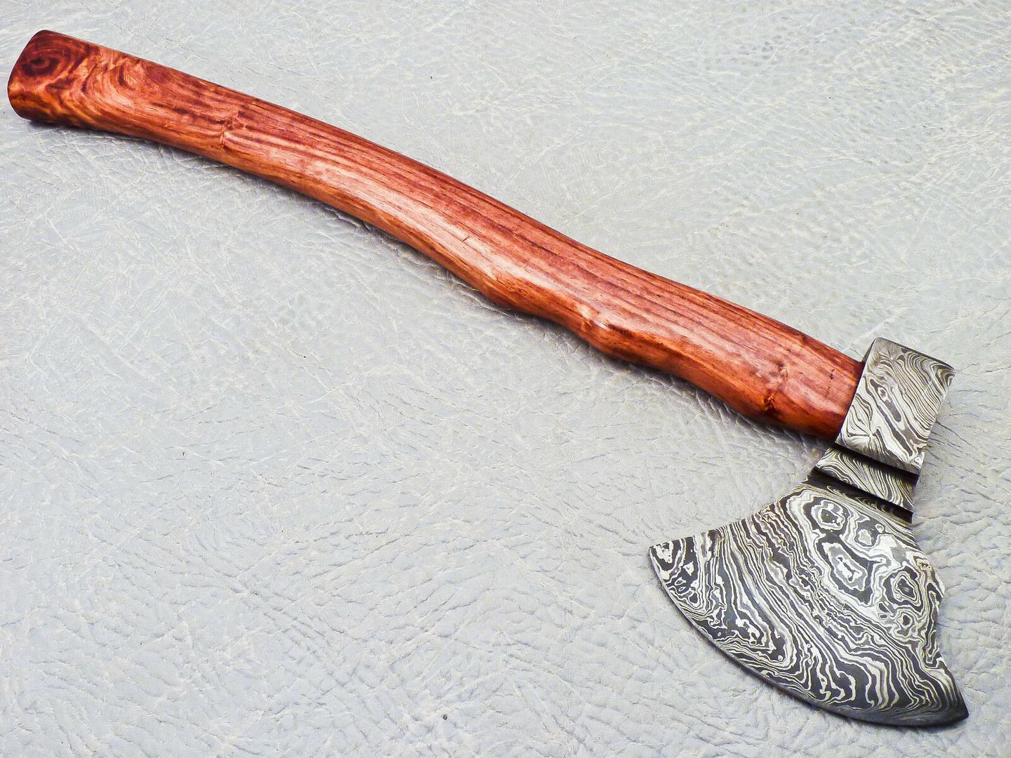 Handmade 18 Inch Damascus Steel Axe with Natural Wood Handle and Leather Sheath