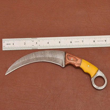 Custom 9"Damascus Karambit Damascus Steel Karambit Knife with Wood and Resin Handle