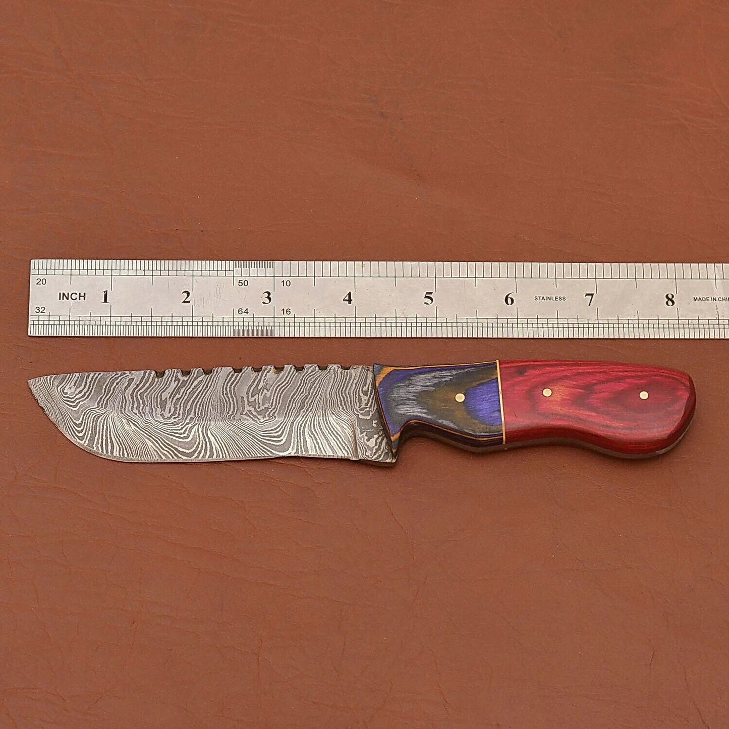 Damascus Camping Skinner Knife Wood Handle with Leather Sheath for Hunting