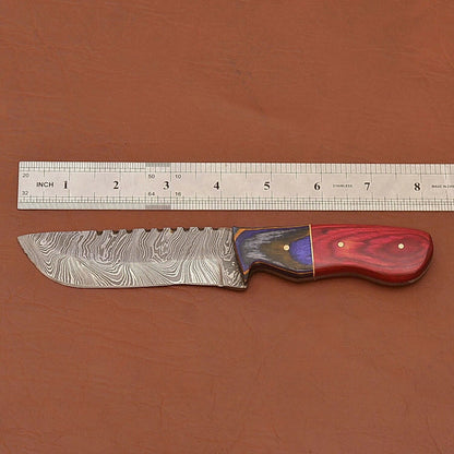 Damascus Camping Skinner Knife Wood Handle with Leather Sheath for Hunting