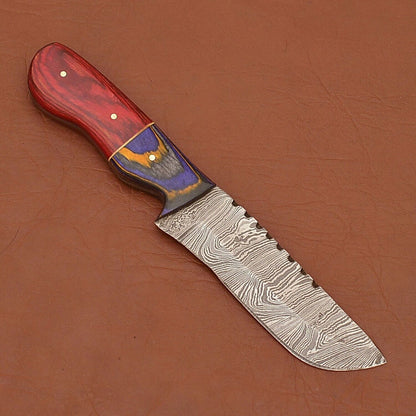 Damascus Camping Skinner Knife Wood Handle with Leather Sheath for Hunting