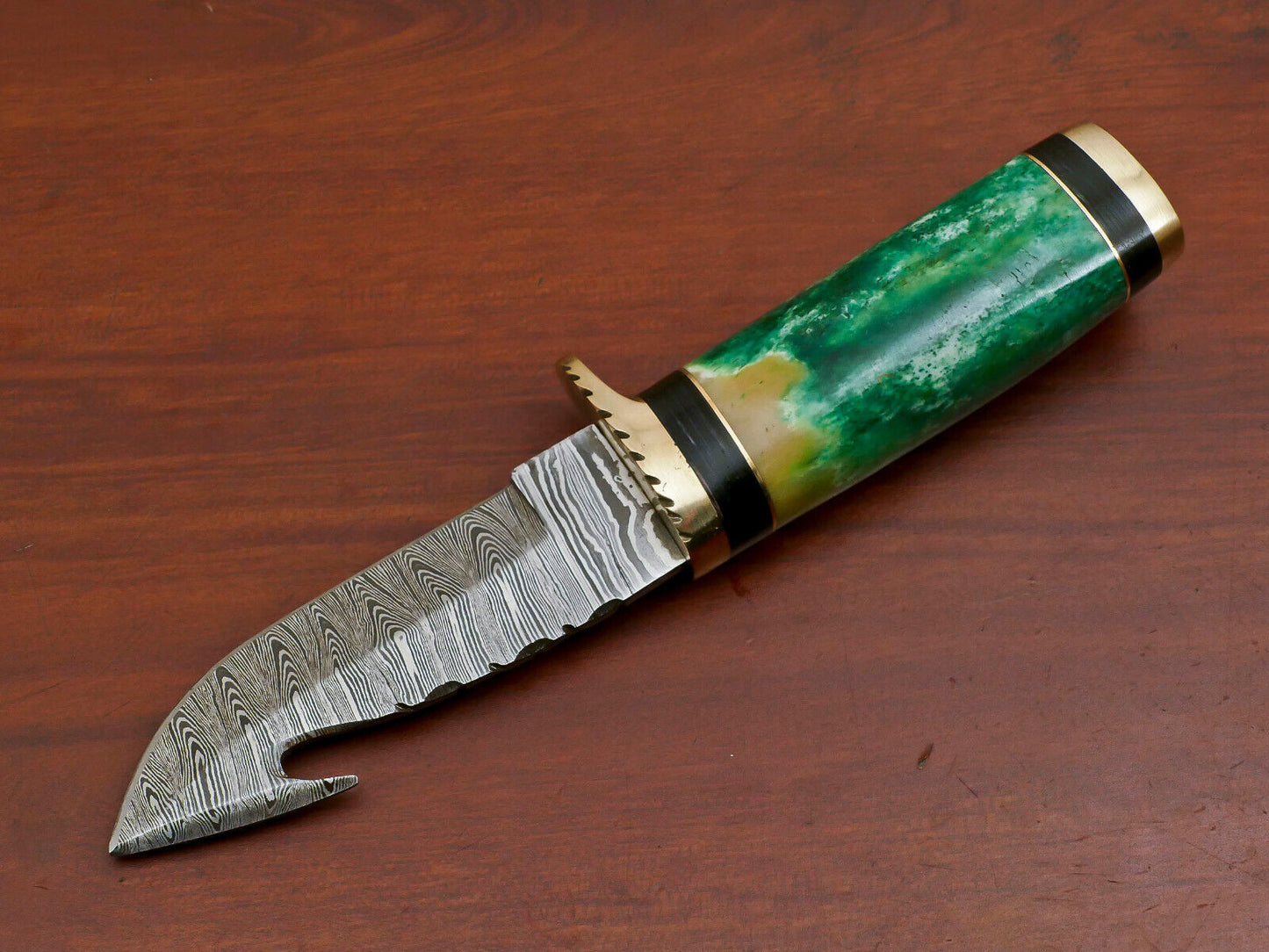 8" Handmade Damascus Gut Hook Hunting Knife | Stained Camel Bone & Pakka Wood Handle