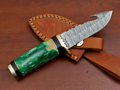 8" Handmade Damascus Gut Hook Hunting Knife | Stained Camel Bone & Pakka Wood Handle