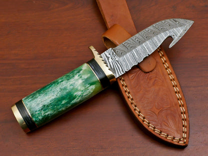 8" Handmade Damascus Gut Hook Hunting Knife | Stained Camel Bone & Pakka Wood Handle