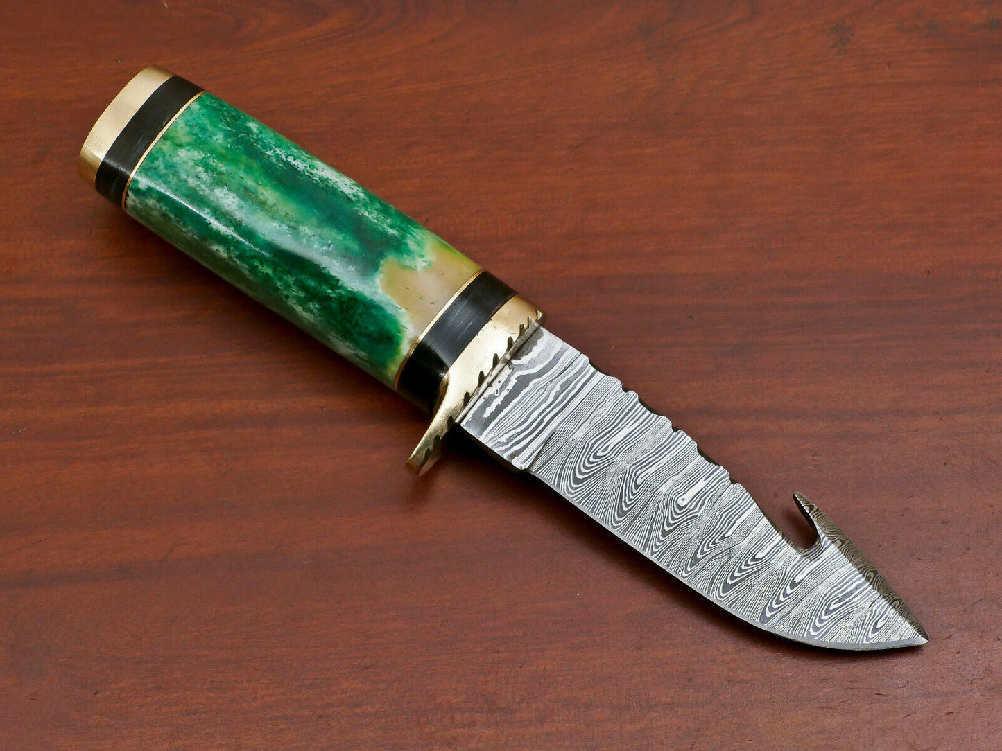 8" Handmade Damascus Gut Hook Hunting Knife | Stained Camel Bone & Pakka Wood Handle
