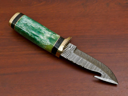 8" Handmade Damascus Gut Hook Hunting Knife | Stained Camel Bone & Pakka Wood Handle