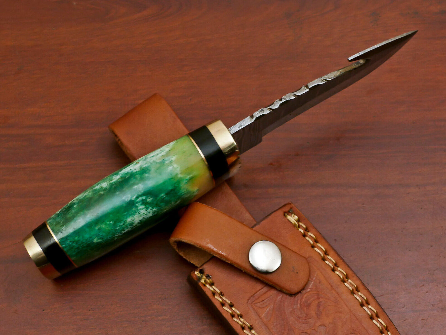 8" Handmade Damascus Gut Hook Hunting Knife | Stained Camel Bone & Pakka Wood Handle