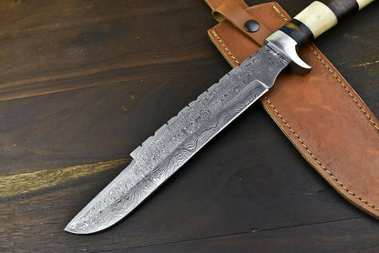 15.6" Handmade Damascus Steel Bowie Knife – Camel Bone Handle