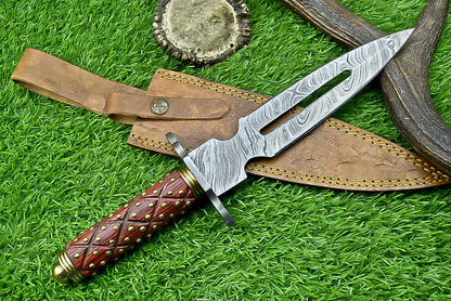 14 Inch Damascus Steel Dagger Hunting Knife with Hardwood Handle and Sheath