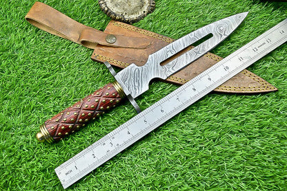 14 Inch Damascus Steel Dagger Hunting Knife with Hardwood Handle and Sheath