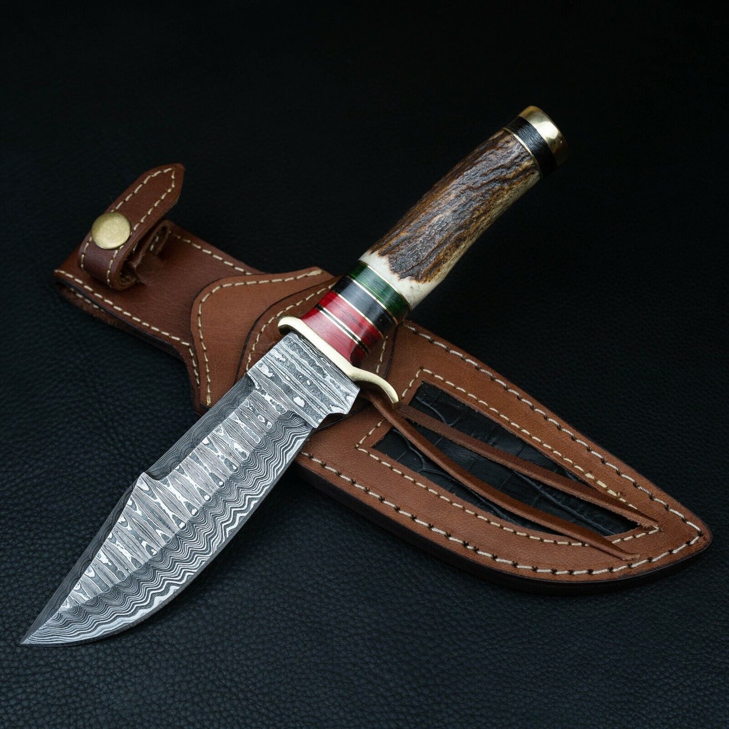 Heritage Forge 10" Damascus Hunting Knife with Stag Horn Handle and Leather Sheath