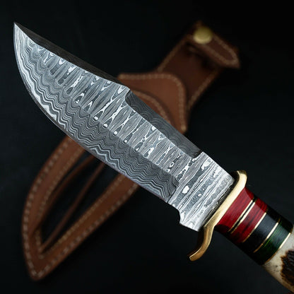Heritage Forge 10" Damascus Hunting Knife with Stag Horn Handle and Leather Sheath