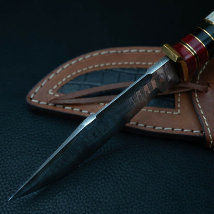 Heritage Forge 10" Damascus Hunting Knife with Stag Horn Handle and Leather Sheath