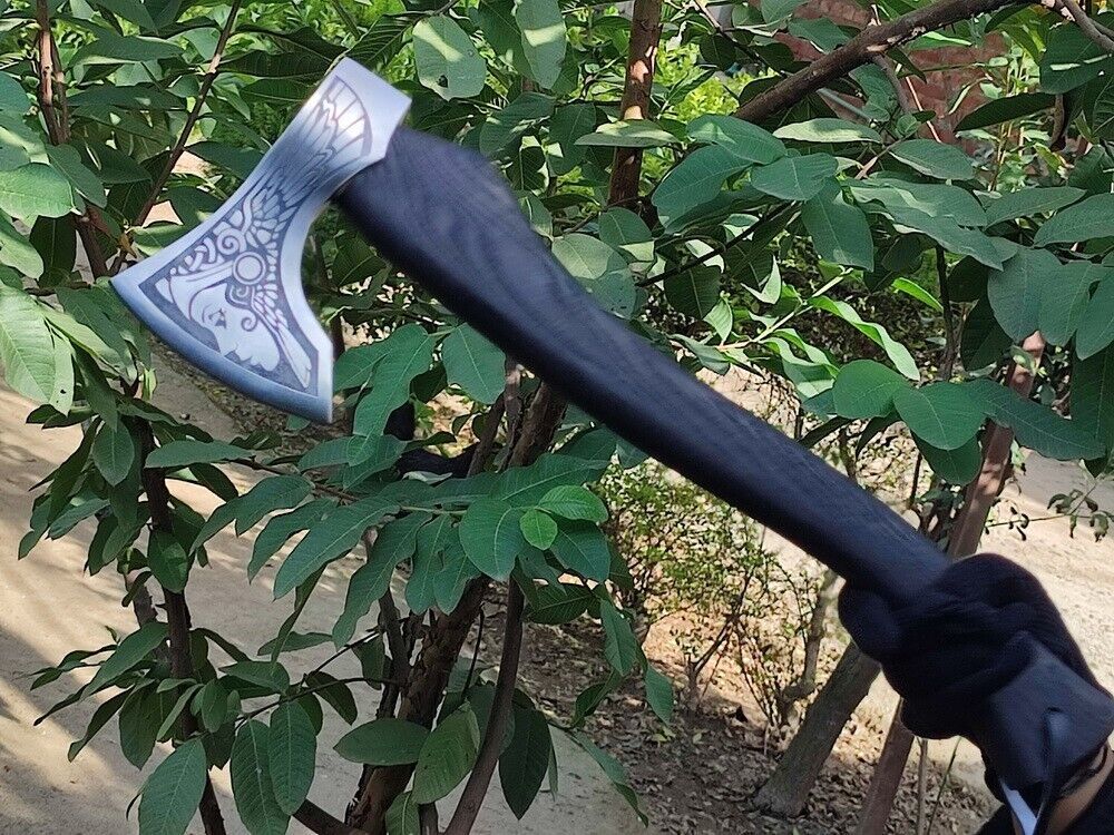 Handmade Carbon Steel Viking Throwing Axe with Ashwood Carved Handle and Leather Sheath