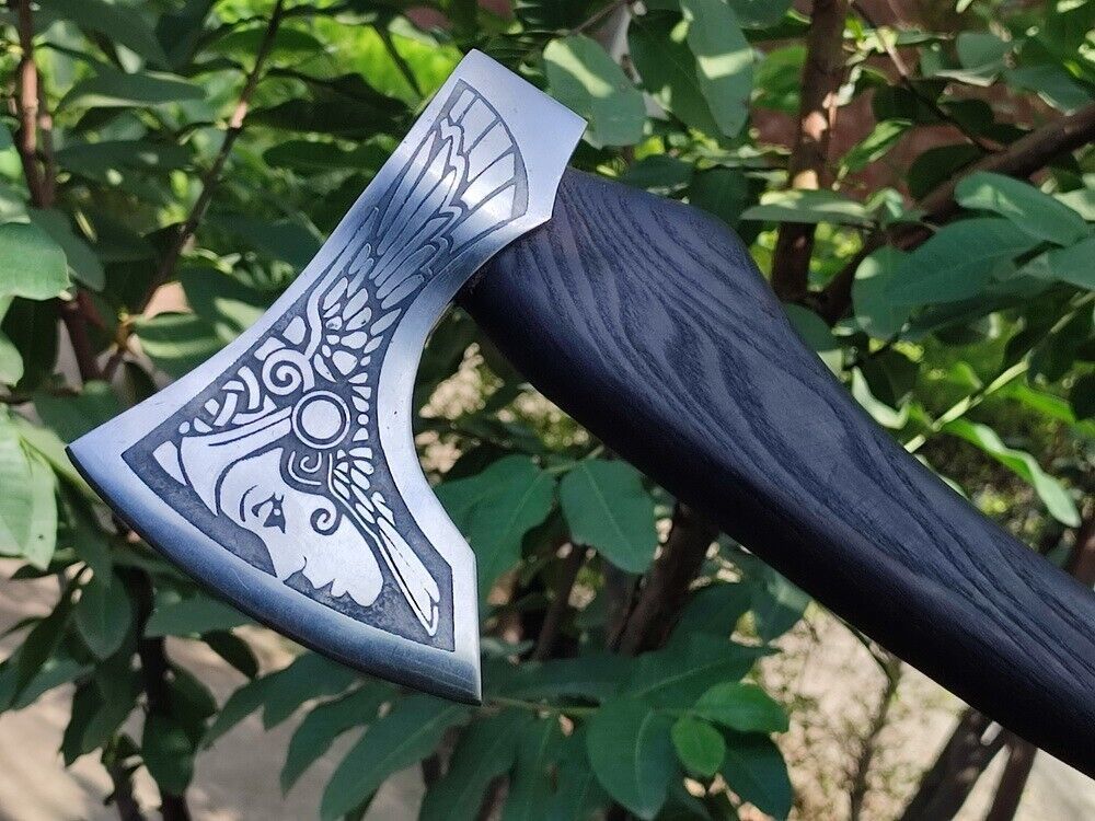 Handmade Carbon Steel Viking Throwing Axe with Ashwood Carved Handle and Leather Sheath