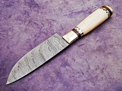11" Handmade Damascus Chef Knife – Camel Bone Scrimshaw Handle – Bushcraft EDC