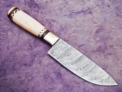 11" Handmade Damascus Chef Knife – Camel Bone Scrimshaw Handle – Bushcraft EDC