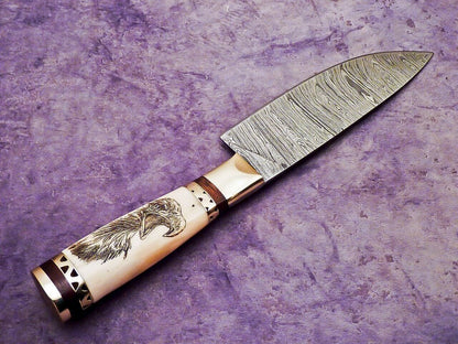 11" Handmade Damascus Chef Knife – Camel Bone Scrimshaw Handle – Bushcraft EDC
