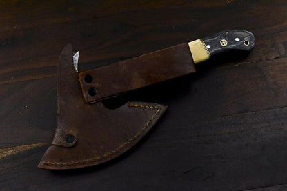 Hand Forged Damascus Steel Hunting Axe Knife Camel Bone Handle Clever Chopper with Leather Sheath