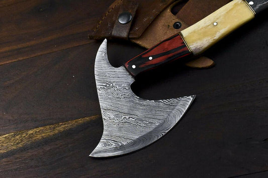 Hand Forged Damascus Steel Hunting Axe Knife Camel Bone Handle Clever Chopper with Leather Sheath