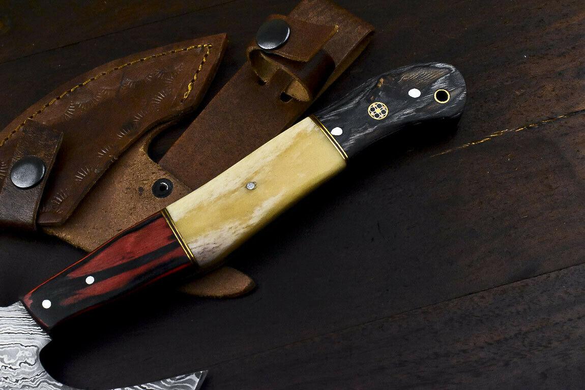 Hand Forged Damascus Steel Hunting Axe Knife Camel Bone Handle Clever Chopper with Leather Sheath