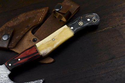 Hand Forged Damascus Steel Hunting Axe Knife Camel Bone Handle Clever Chopper with Leather Sheath