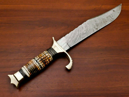 Handmade Damascus Steel Bowie Knife | 17" Stained Camel Bone Hunting Blade