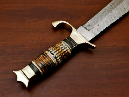 Handmade Damascus Steel Bowie Knife | 17" Stained Camel Bone Hunting Blade
