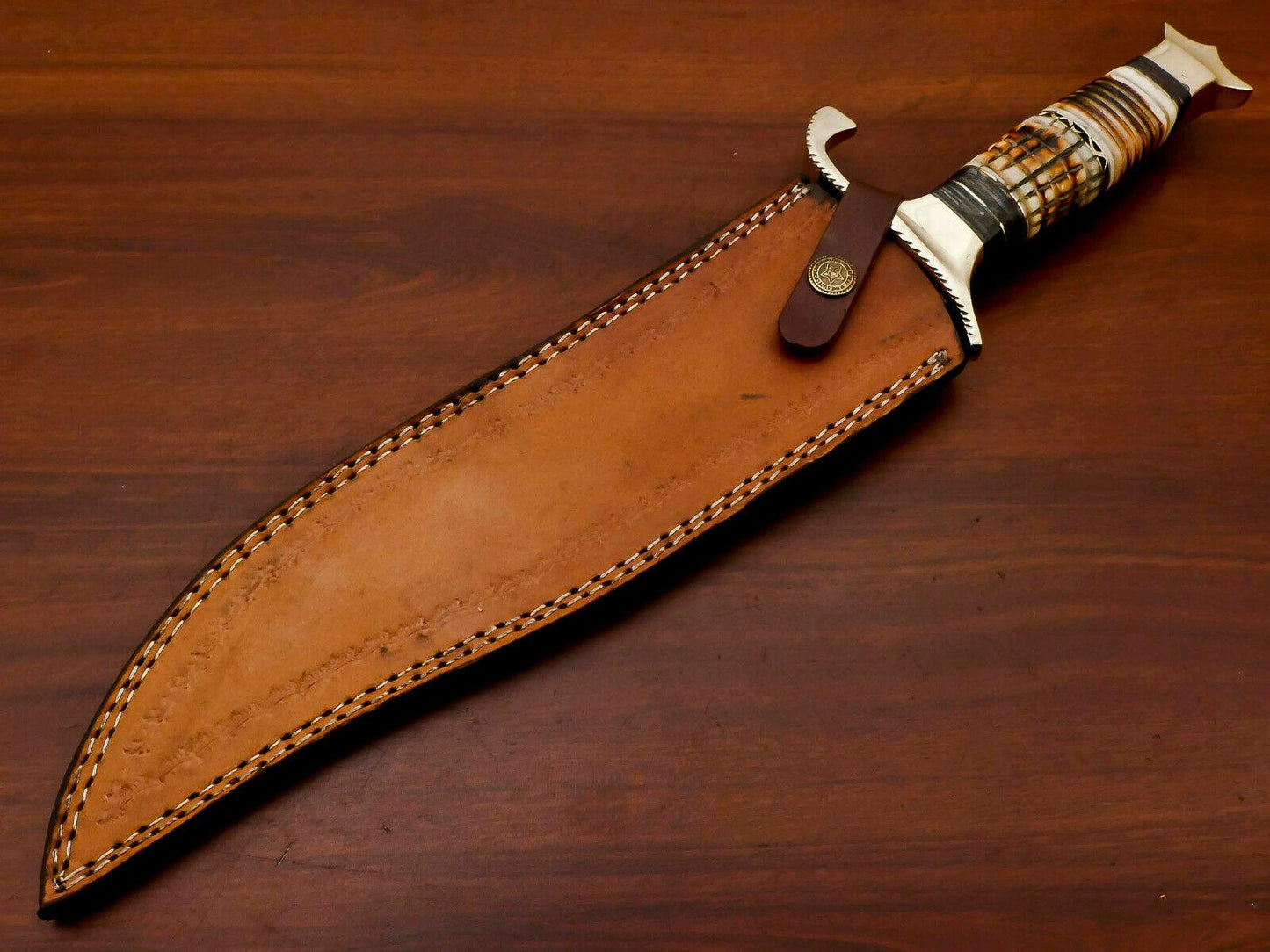 Handmade Damascus Steel Bowie Knife | 17" Stained Camel Bone Hunting Blade