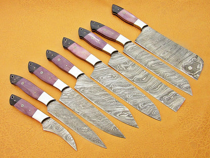 Custom Handmade Damascus Steel Chef Knife Set – Purple Bone & Buffalo Horn Handle
