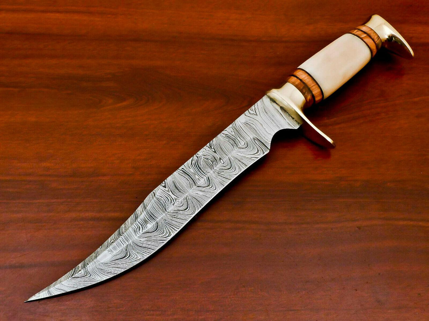 Hand Forged Damascus Steel Bowie Knife | Camel Bone & Wood Handle
