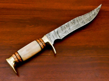 Hand Forged Damascus Steel Bowie Knife | Camel Bone & Wood Handle