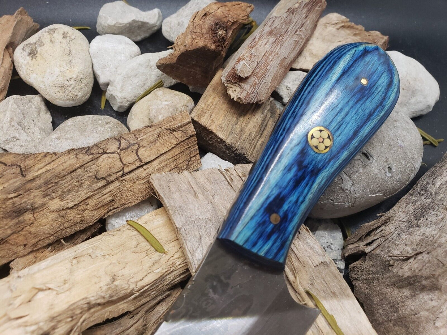 7" Handmade Damascus Hunting Bowie Knife | Blue Wood Handle & Leather Sheath