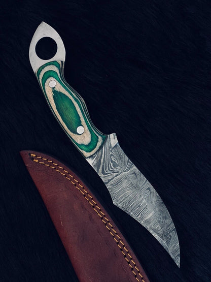 Heritage Forge 10.5 Inch Twist Damascus Steel Bowie Knife with Camel Bone and Wood Handle