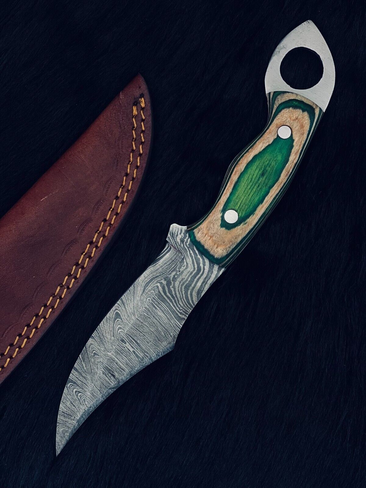 Heritage Forge 10.5 Inch Twist Damascus Steel Bowie Knife with Camel Bone and Wood Handle