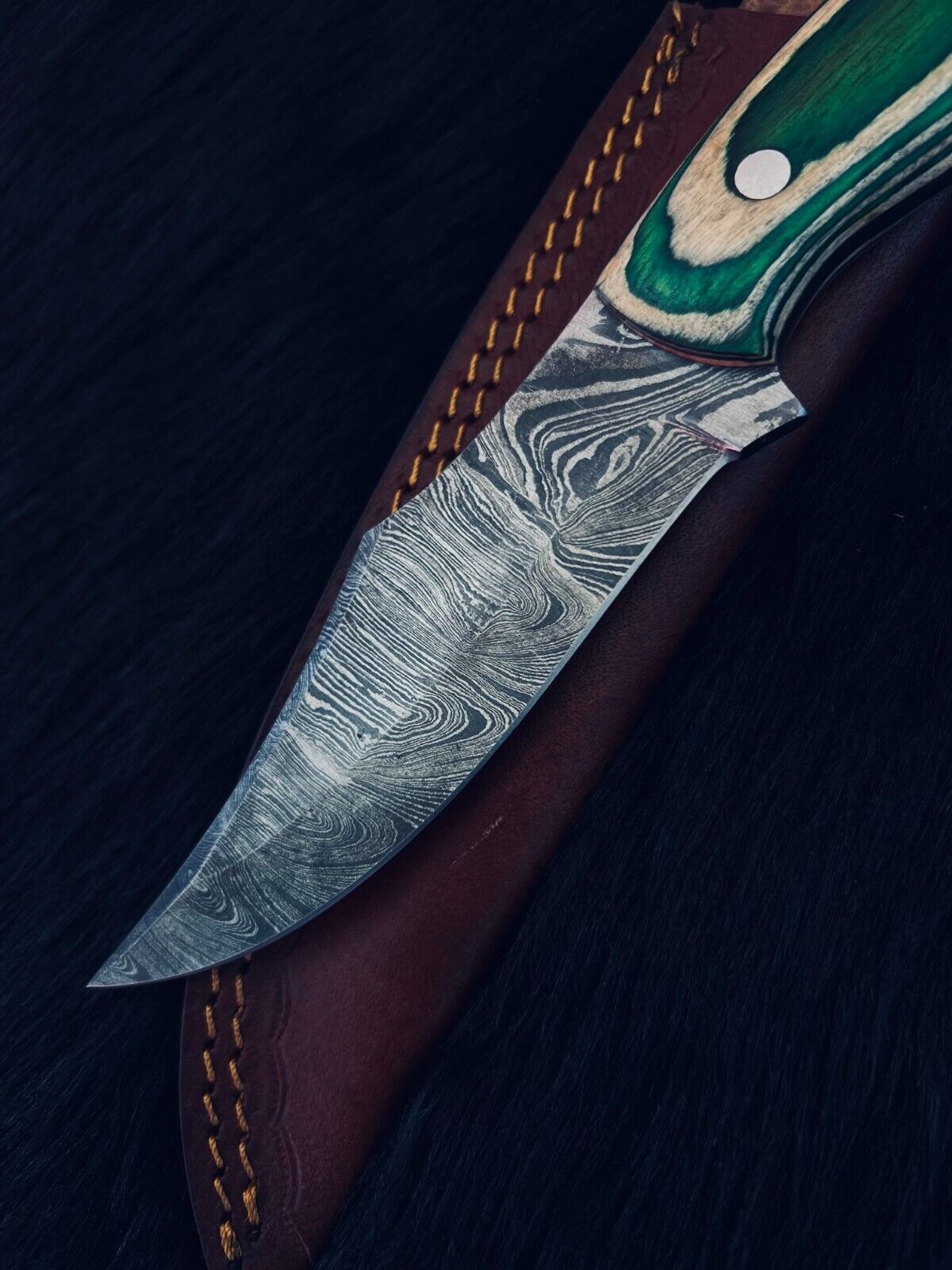 Heritage Forge 10.5 Inch Twist Damascus Steel Bowie Knife with Camel Bone and Wood Handle