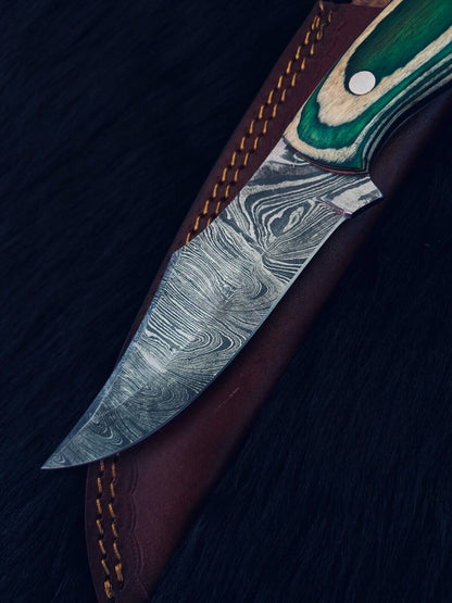 Heritage Forge 10.5 Inch Twist Damascus Steel Bowie Knife with Camel Bone and Wood Handle