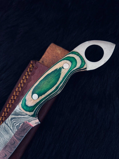 Heritage Forge 10.5 Inch Twist Damascus Steel Bowie Knife with Camel Bone and Wood Handle