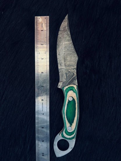 Heritage Forge 10.5 Inch Twist Damascus Steel Bowie Knife with Camel Bone and Wood Handle