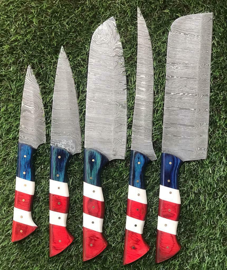 Custom Handmade Twist Damascus Steel Chef Knife Set | Paka Wood Handle