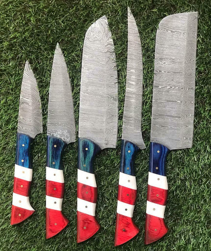 Custom Handmade Twist Damascus Steel Chef Knife Set | Paka Wood Handle